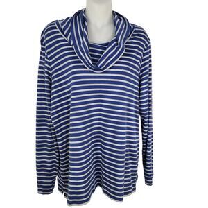 LL Bean Women Tee Large Supima Cowl Neck Long Sleeve Shirt Pullover Striped Blue